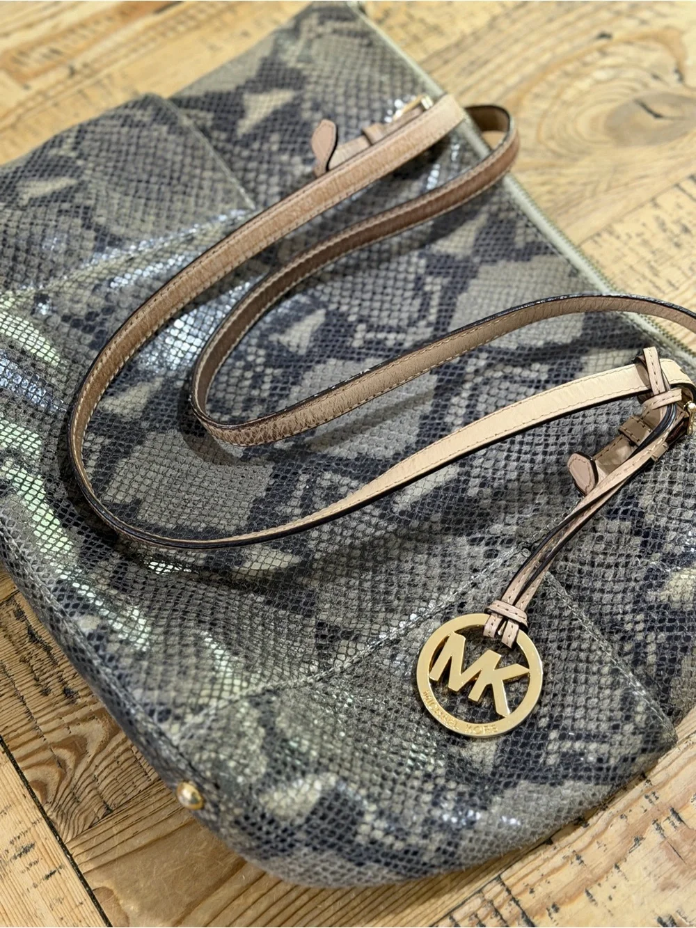 Michael Kors Taupe and Gray Snake-Print Shoulder Tote